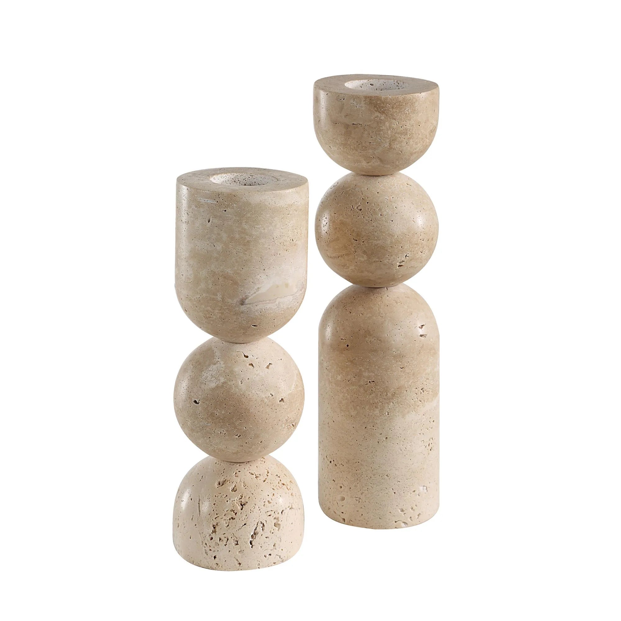 Set of 2 Travertine Abstract Candle Holders