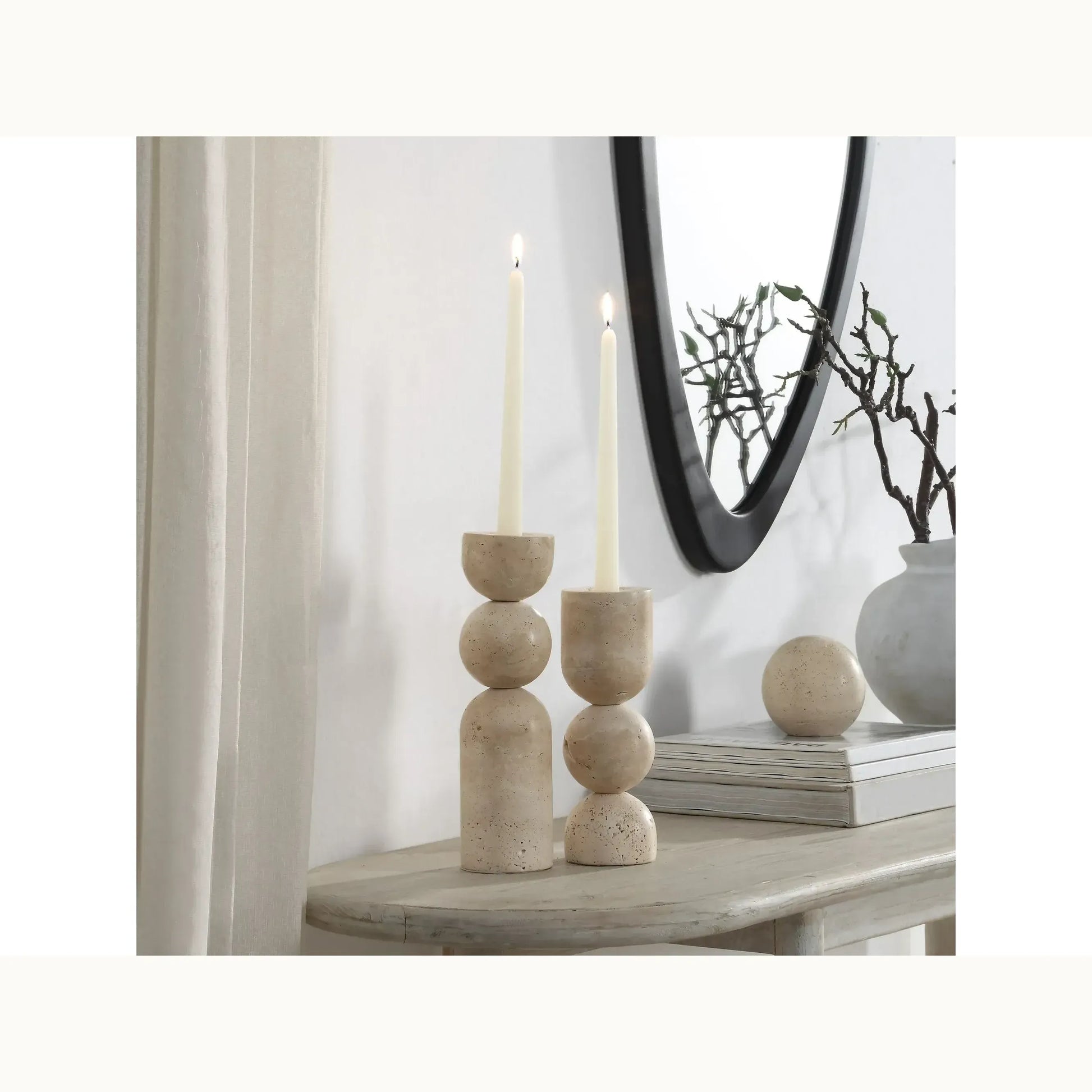 Set of 2 Travertine Abstract Candle Holders