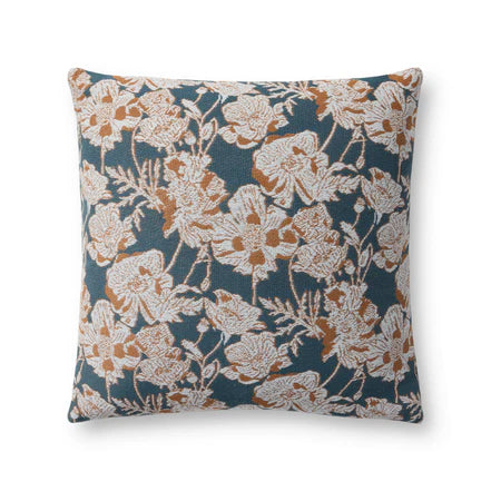 22" Blue/Orange Floral Down Pillow