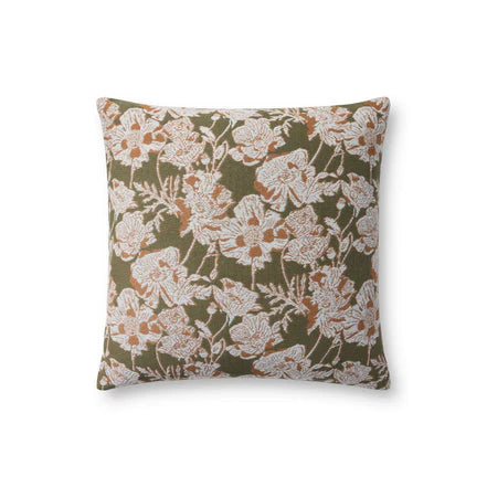 22" Olive/Orange Floral Down Pillow