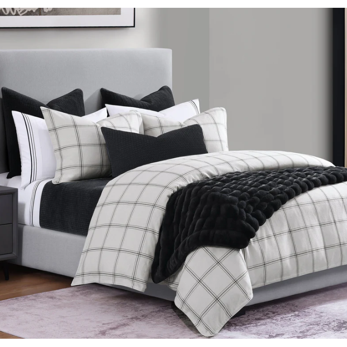 White Windowpane Plaid King Bedding Set