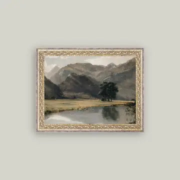 River Mountainscape Framed Antique Art