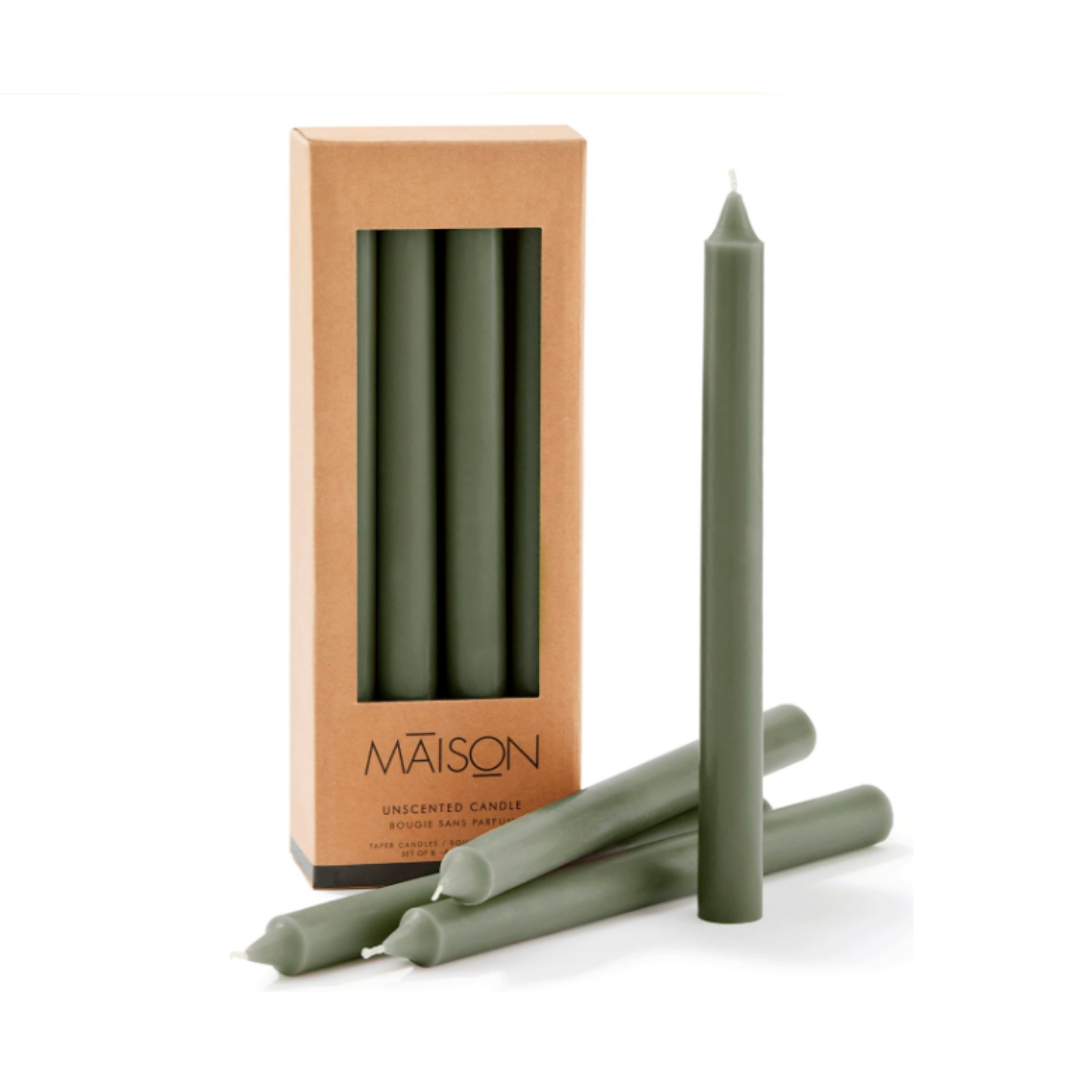 Set of 8 Green Unscented Smooth Taper Candles