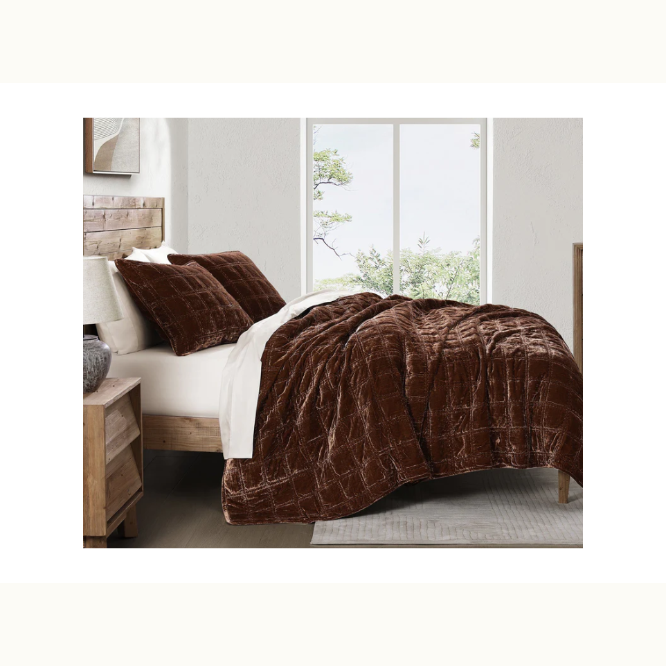 Brown Faux Velvet Double Box Stitch King Quilt Set