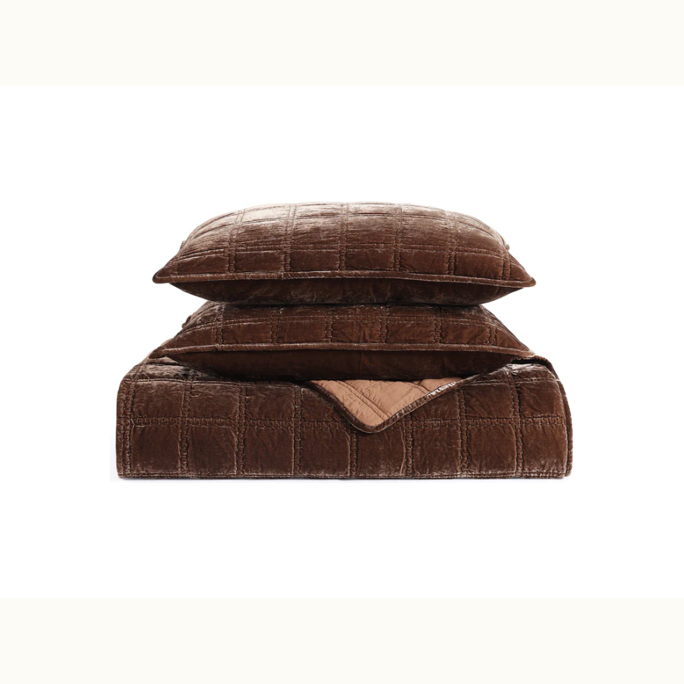 Brown Faux Velvet Double Box Stitch King Quilt Set