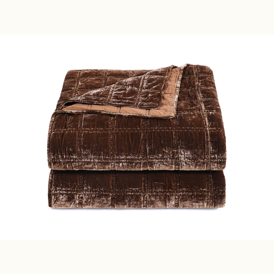 Brown Faux Velvet Double Box Stitch King Quilt Set