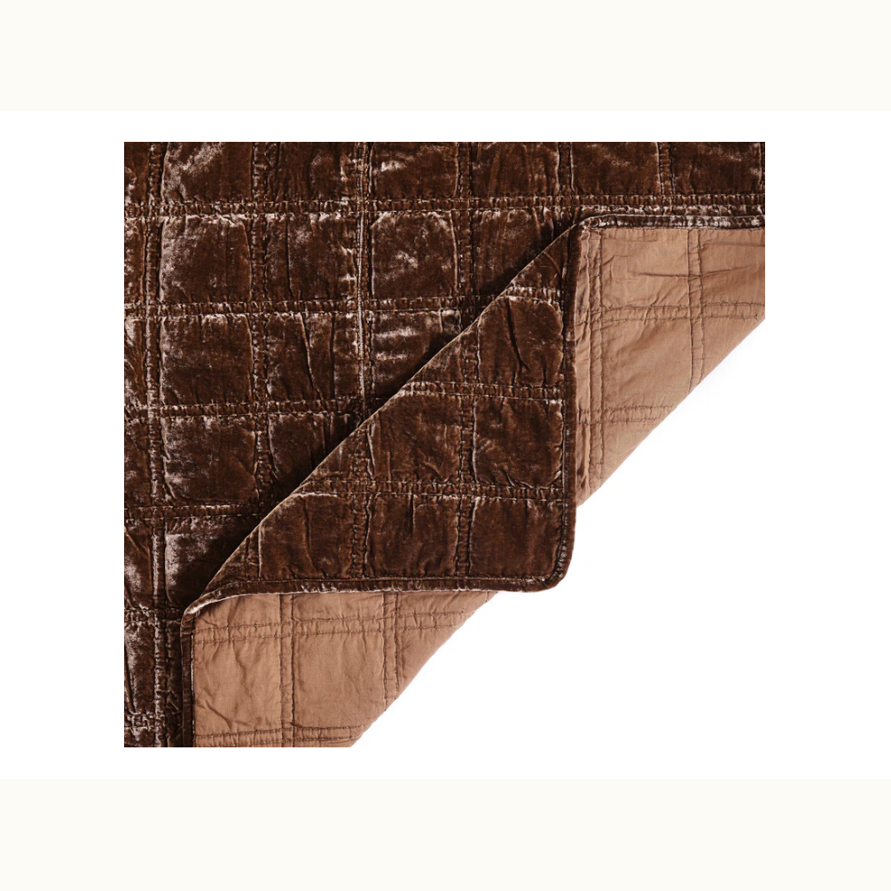 Brown Faux Velvet Double Box Stitch King Quilt Set