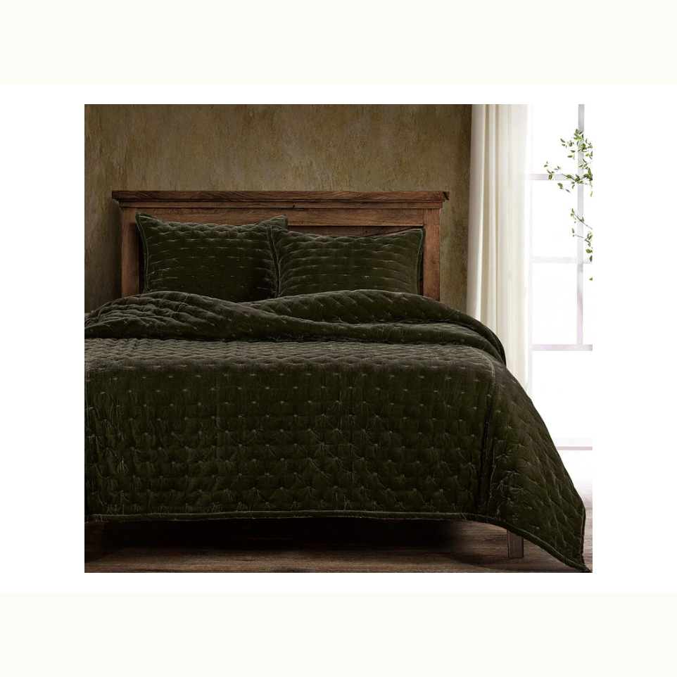 Dark Green Faux Silk Velvet King Quilt Set