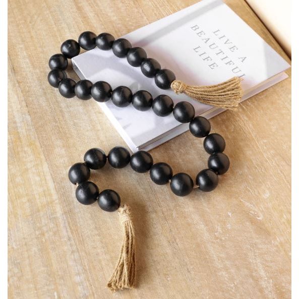 51" Black Beads with Jute Tassles